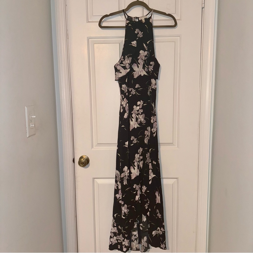 Leith black purple Floral high neck ruffle tulip hem faux wrap maxi dress S